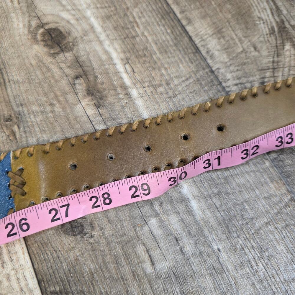 Vintage Denim Leather Belt Whipstitch Floral Embroidered Wide Belt Boho 30 - Picture 9 of 11